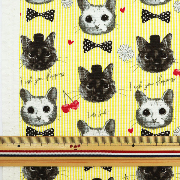 【数量5から】 生地 『オックス patch work animals ネコ&チェリー イエロー LOA-61030-2B』 KOKKA コッカ