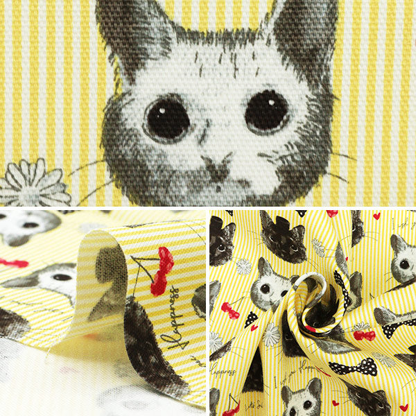 【数量5から】 生地 『オックス patch work animals ネコ&チェリー イエロー LOA-61030-2B』 KOKKA コッカ