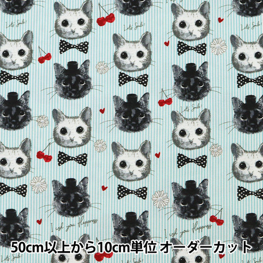 【数量5から】 生地 『オックス patch work animals ネコ&チェリー ブルー LOA-61030-2C』 KOKKA コッカ