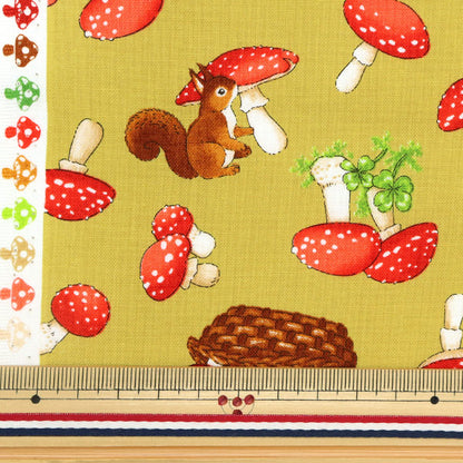 【数量5から】 生地 『シーチング フラワーアニマルズ キノコと生き物たち イエロー AP32406-2C』