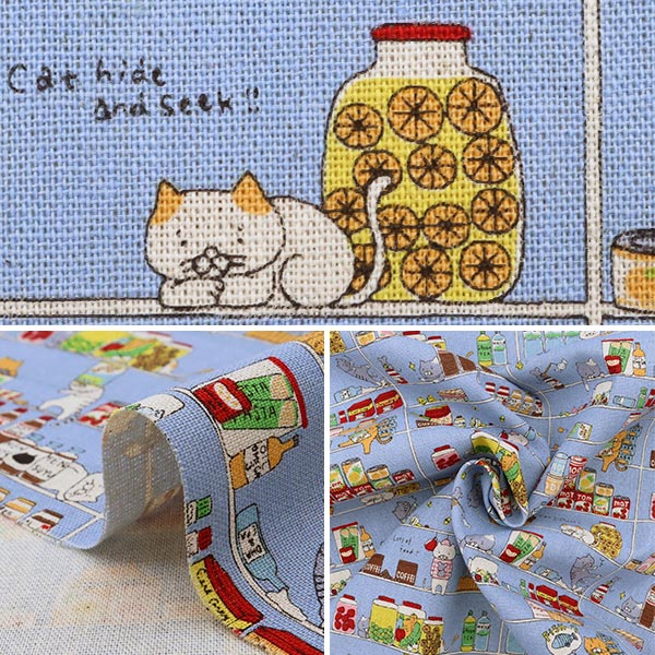 【数量5から】 生地 『綿麻キャンバス ねこパントリー サックス KTS6705-B』 COTTON KOBAYASHI コットンこばやし 小林繊維