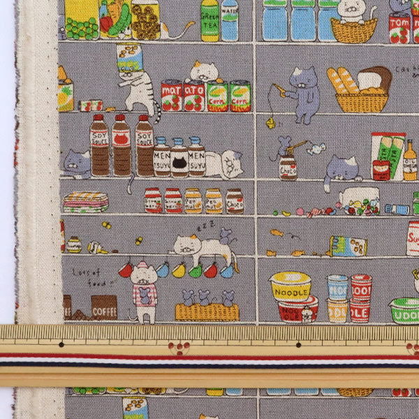 【数量5から】 生地 『綿麻キャンバス ねこパントリー グレー KTS6705-D』 COTTON KOBAYASHI コットンこばやし 小林繊維