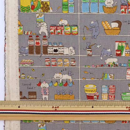 【数量5から】 生地 『綿麻キャンバス ねこパントリー グレー KTS6705-D』 COTTON KOBAYASHI コットンこばやし 小林繊維