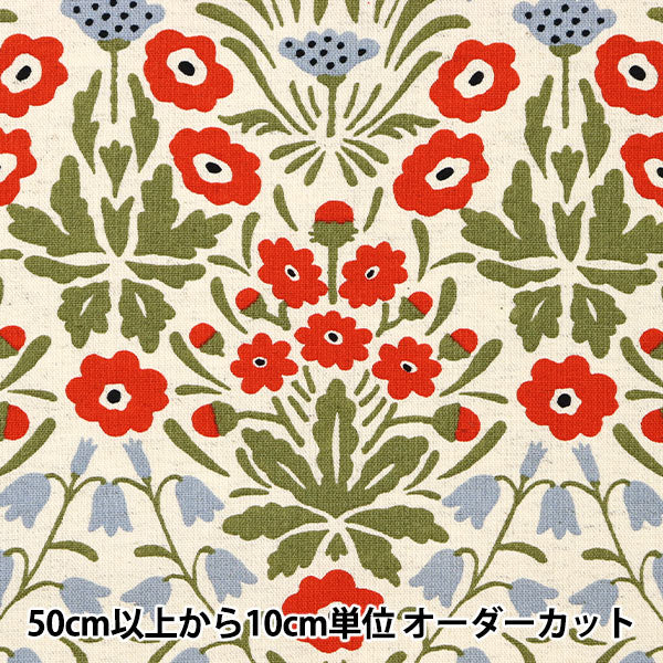 【数量5から】 生地 『う早この布 綿麻キャンバス シェイナの花 生成り×赤 UP5775-A』 COTTON KOBAYASHI コットンこばやし 小林繊維