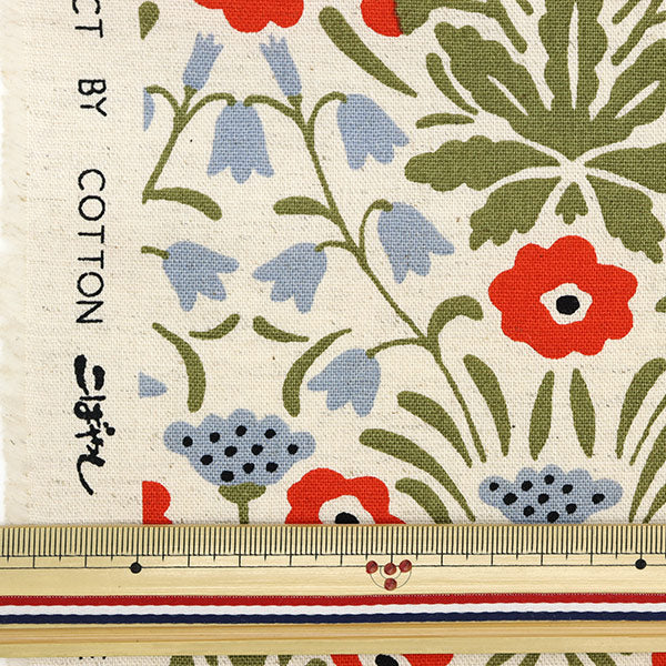 【数量5から】 生地 『う早この布 綿麻キャンバス シェイナの花 生成り×赤 UP5775-A』 COTTON KOBAYASHI コットンこばやし 小林繊維