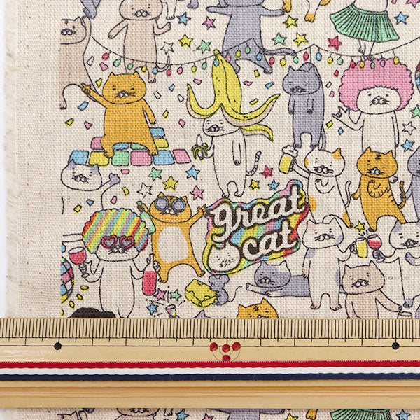 【数量5から】 生地 『綿麻キャンバス パーティーねこ KTS6804-A』 COTTON KOBAYASHI コットンこばやし 小林繊維