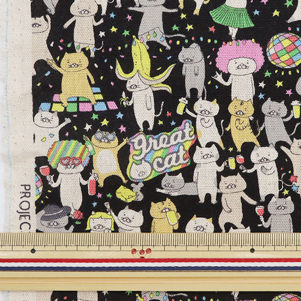 【数量5から】 生地 『綿麻キャンバス パーティーねこ KTS6804-F』 COTTON KOBAYASHI コットンこばやし 小林繊維