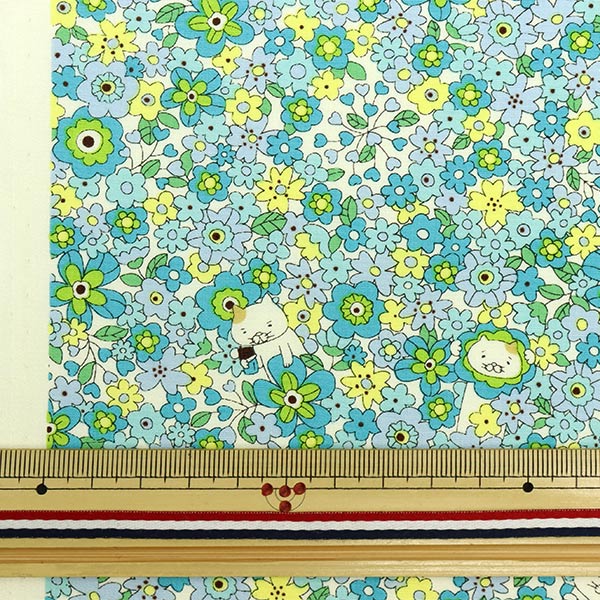 【数量5から】 生地 『ブロード フラワーねこ ブルーグリーン KTS6818-C』 COTTON KOBAYASHI コットンこばやし 小林繊維