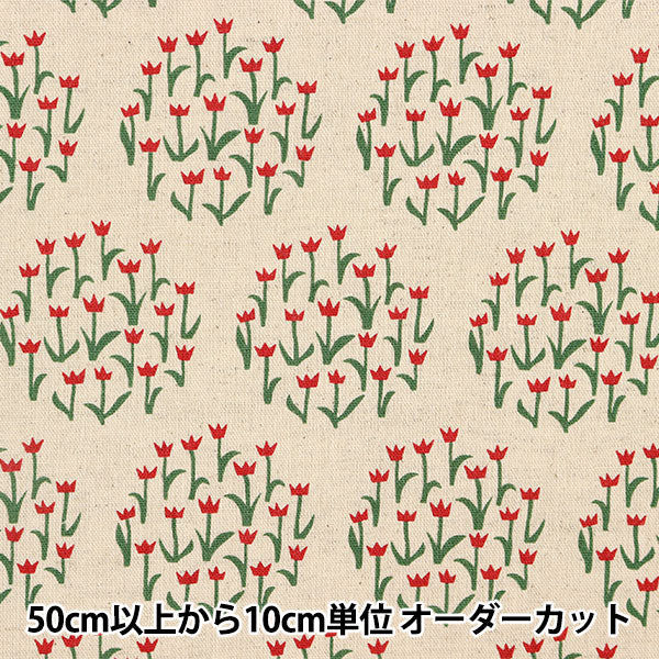 【数量5から】 生地 『綿麻キャンバス フラワーサークル キナリ×赤 KTS6873-A』 COTTON KOBAYASHI コットンこばやし 小林繊維