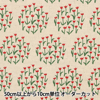 【数量5から】 生地 『綿麻キャンバス フラワーサークル キナリ×赤 KTS6873-A』 COTTON KOBAYASHI コットンこばやし 小林繊維
