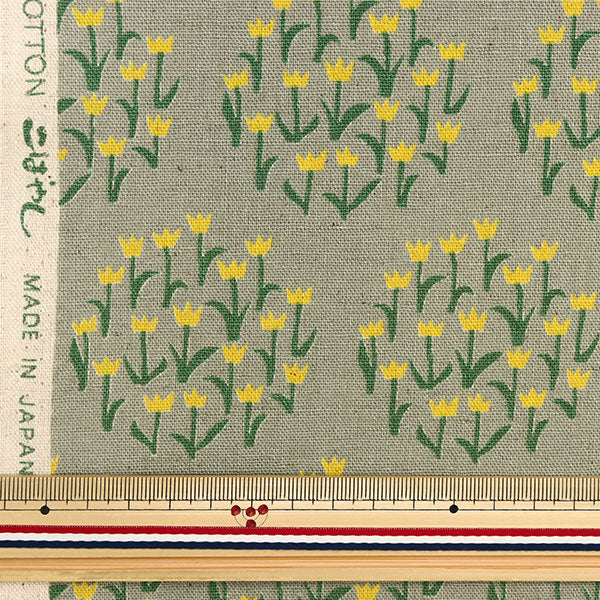 【数量5から】 生地 『綿麻キャンバス フラワーサークル グレー×イエロー KTS6873-C』 COTTON KOBAYASHI コットンこばやし 小林繊維