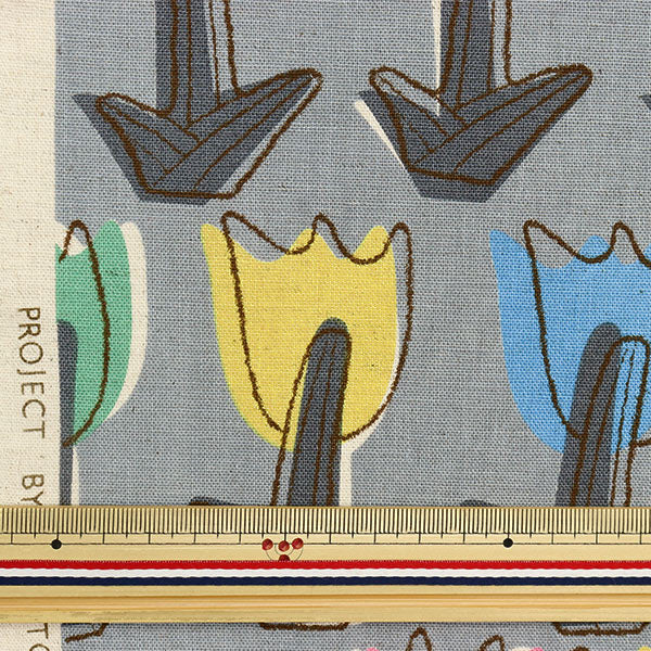 【数量5から】 生地 『綿麻キャンバス レトロチューリップ グレー KTS6927-B』 COTTON KOBAYASHI コットンこばやし 小林繊維