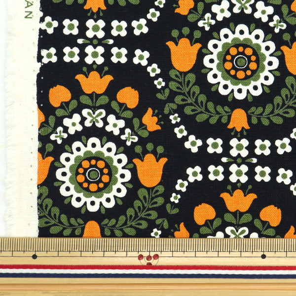 【数量5から】 生地 『コットンキャンバス 割付チューリップ ブラック KTS6952-E』 COTTON KOBAYASHI コットンこばやし 小林繊維