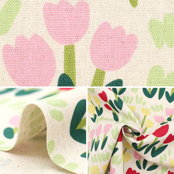 【数量5から】 生地 『綿麻キャンバス チューリップ 生成り×ピンク KTS6943-A』 COTTON KOBAYASHI コットンこばやし 小林繊維