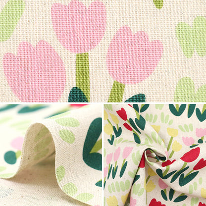 【数量5から】 生地 『綿麻キャンバス チューリップ 生成り×ピンク KTS6943-A』 COTTON KOBAYASHI コットンこばやし 小林繊維