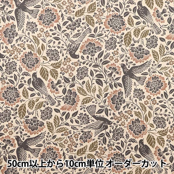 [5부터 시작하는 수량] 천・원단 "면 린넨 캔버스 새와 꽃 키나리 x 핑크 꽃 40200-A"