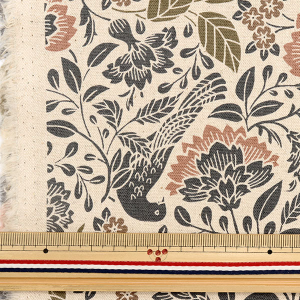 [5부터 시작하는 수량] 천・원단 "면 린넨 캔버스 새와 꽃 키나리 x 핑크 꽃 40200-A"