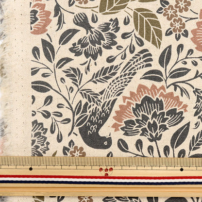 [5부터 시작하는 수량] 천・원단 "면 린넨 캔버스 새와 꽃 키나리 x 핑크 꽃 40200-A"