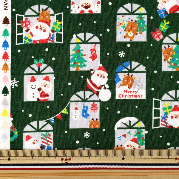 【数量5から】 生地 『スケア クリスマス サンタクロースの窓柄 グリーン SP6516-2C』