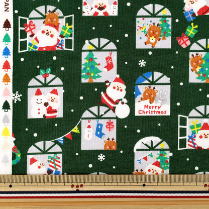 【数量5から】 生地 『スケア クリスマス サンタクロースの窓柄 グリーン SP6516-2C』