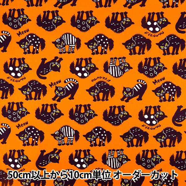 【数量5から】 生地 『オックス パキットアニマル やんのかネコ オレンジ AP65901-1E』