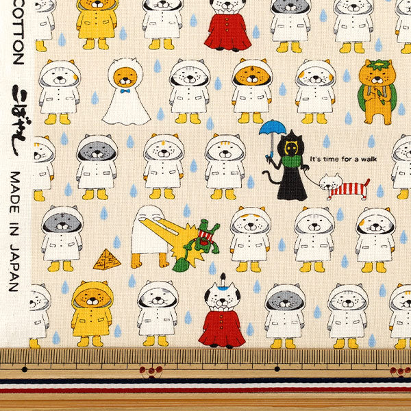 【数量5から】 生地 『コットンキャンバス 合羽ネコ クリーム KTS7194-A』 COTTON KOBAYASHI コットンこばやし 小林繊維