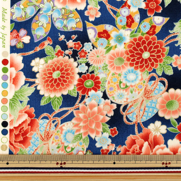 【数量5から】 生地 『スケア花金和柄 牡丹菊葵に鼓 紺 B850628Z-1-5』