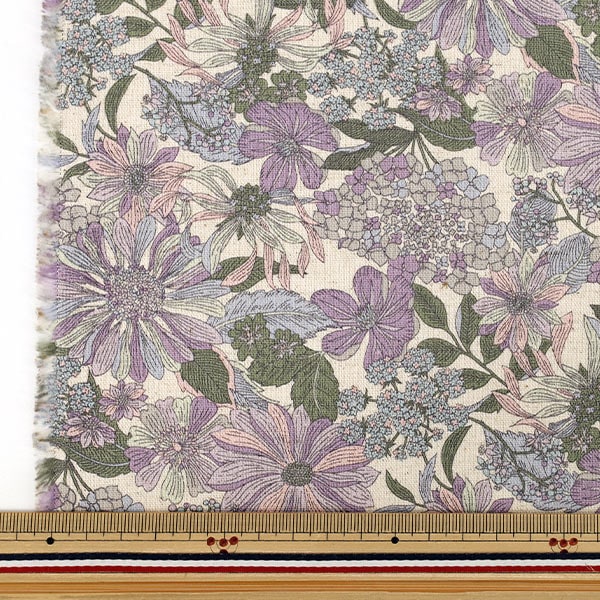 [À partir de la quantité 5] Tissu "Toile en coton et lin fleur violet R9038-1C"