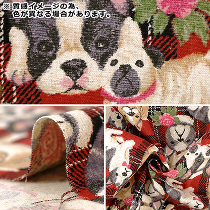 【数量5から】 生地 『綿麻キャンバス ゴブラン調 チェックと犬柄 グリーン YGA-96000-2B』 KOKKA コッカ