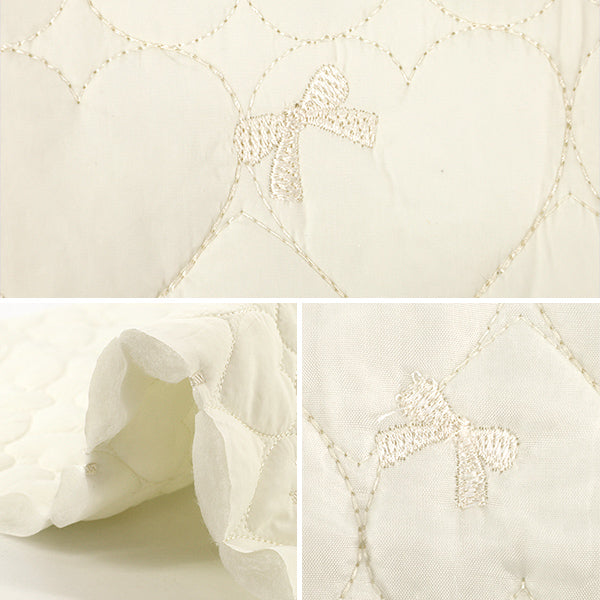 生地 『リボン刺繍ハートキルト カットクロス 約130×50cm ホワイト C-9518-A』