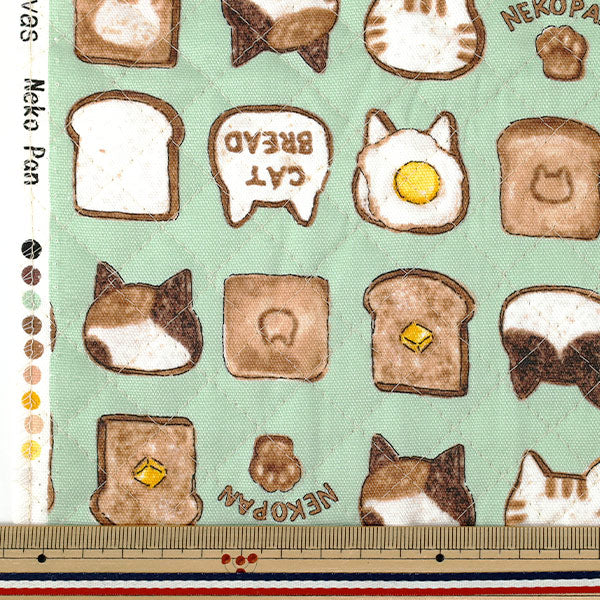 生地 『カラフルキャンバス オックスキルト ねこパン カットクロス 約105×80cm グリーン QCOCA-NP-GR』 KOKKA コッカ
