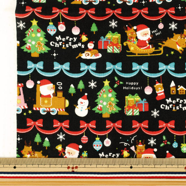 生地 『クリスマスプリント リボンボーダー 約110cm×50cm ブラック C-AP45102-2C』