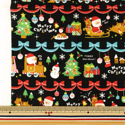 生地 『クリスマスプリント リボンボーダー 約110cm×50cm ブラック C-AP45102-2C』