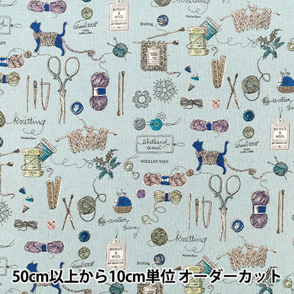 【数量5から】 生地 『綿麻キャンバス ネコニッティング ブルー YUZ-969-4』 YUWA 有輪商店 マンセルコレクション