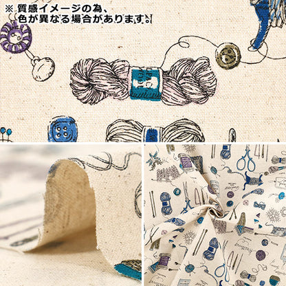 【数量5から】 生地 『綿麻キャンバス ネコニッティング ブルー YUZ-969-4』 YUWA 有輪商店 マンセルコレクション