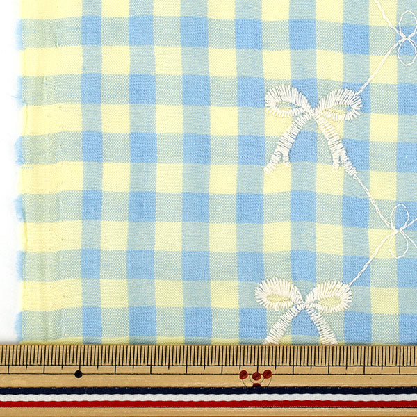 フランシュリッペ　刺繍の可愛いチェック 生地 『カラフルチェックリボン刺繍 カットクロス ピンク 約130cm×50cm