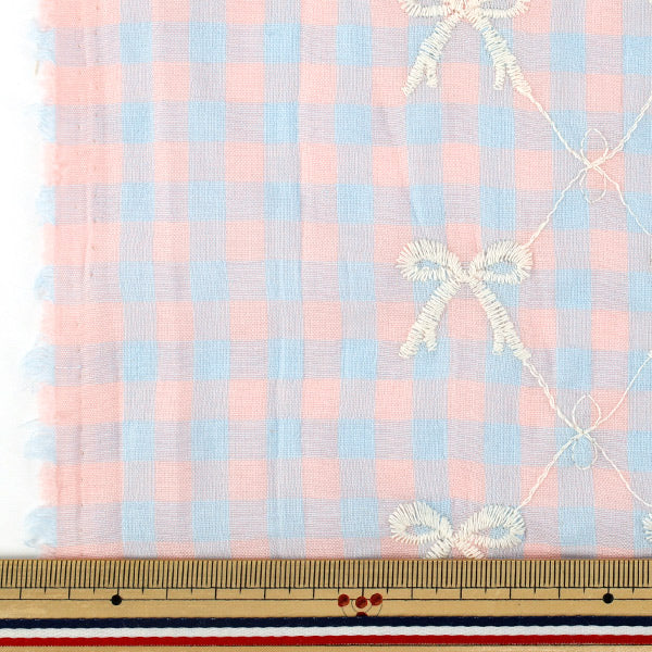 生地 『カラフルチェックリボン刺繍 カットクロス ブルー 約130cm×50cm
