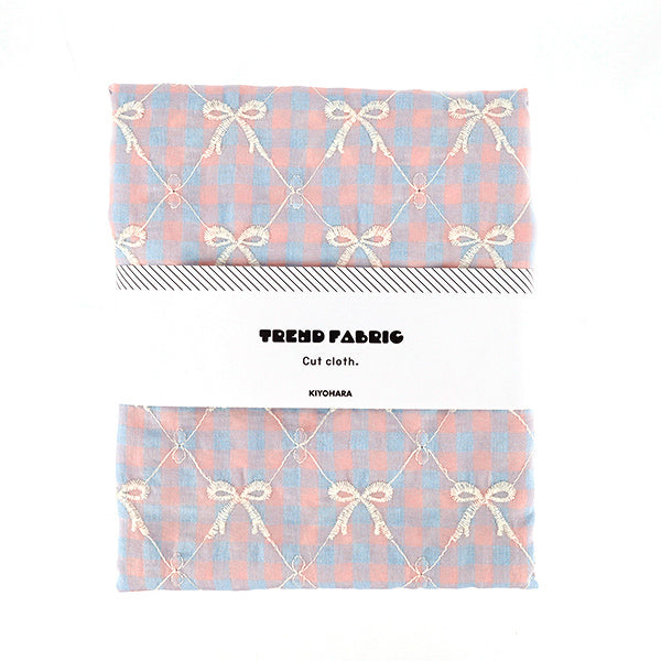 生地 『カラフルチェックリボン刺繍 カットクロス ブルー 約130cm×50cm』