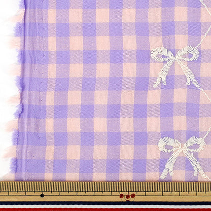 生地 『カラフルチェックリボン刺繍 カットクロス パープル 約130cm×50cm』