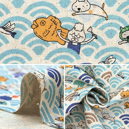 [Quantity starting from 5] Fabric "Cotton Linen Canvas Aoumi Nami Cat and Taiyaki Saxophone KTS7065-A" COTTON KOBAYASHI