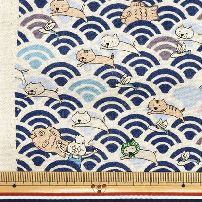 [Quantity starting from 5] Fabric "Cotton Linen Canvas Aoumi Nami Cat and Taiyaki Navy KTS7065-B" COTTON KOBAYASHI