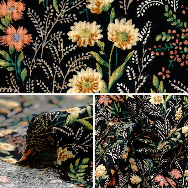 [Quantity starting from 5] Fabric "Cotton and linen"Sheeting Floral pattern black KTS7114-A" COTTON KOBAYASHI