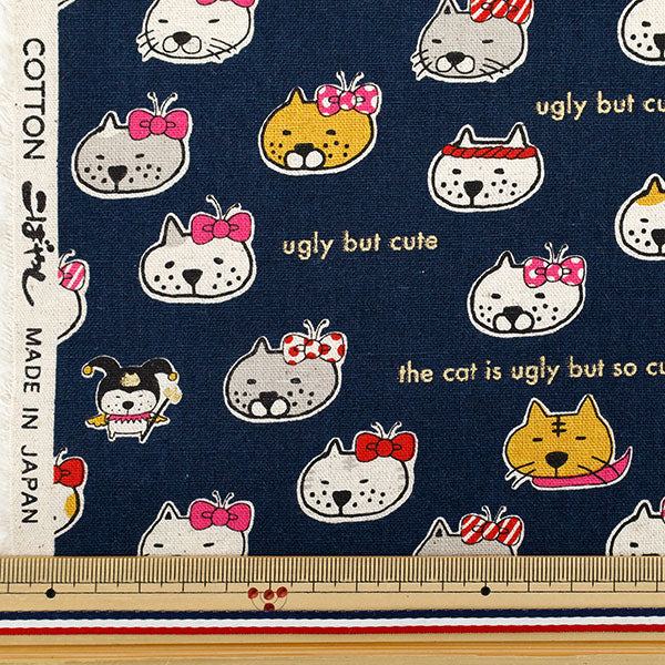 [Menge ab 5] Stoff "Baumwollwäsche Canvas Busaka Cat Navy KTS7126-C" COTTON KOBAYASHI
