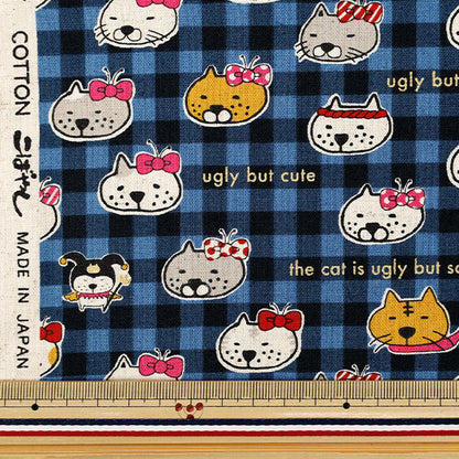 【数量5から】 生地 『綿麻キャンバス ぶさかわ猫 ブルーチェック KTS7126-E』 COTTON KOBAYASHI コットンこばやし 小林繊維