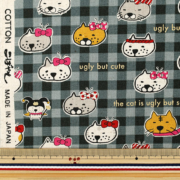 【数量5から】 生地 『綿麻キャンバス ぶさかわ猫 グレーチェック KTS7126-F』 COTTON KOBAYASHI コットンこばやし 小林繊維