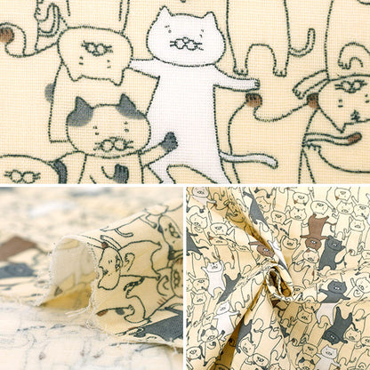 [Quantity starting from 5] Fabric 『double gauze Funya Dance Cat Ivory KTS7124-A" COTTON KOBAYASHI