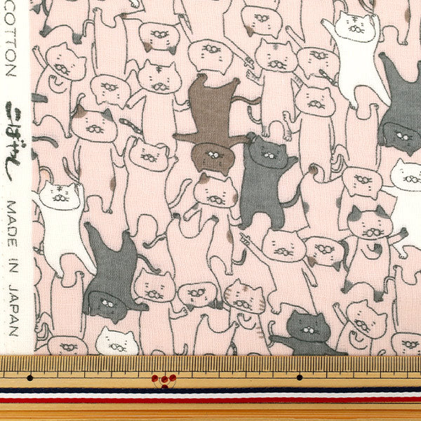 【数量5から】 生地 『Wガーゼ ふにゃダンス猫 ピンク KTS7124-B』 COTTON KOBAYASHI コットンこばやし 小林繊維