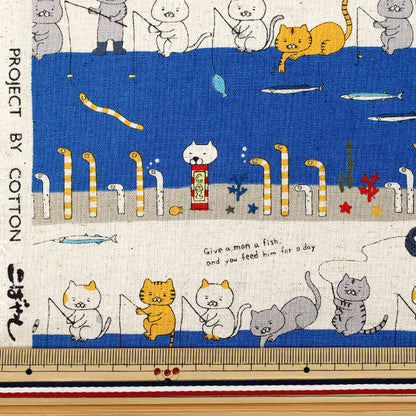 [Quantity from 5] Fabric "Cotton Linen Canvas Fishing Cat feat Chin Conger Blue KTS7137-B" COTTON KOBAYASHI