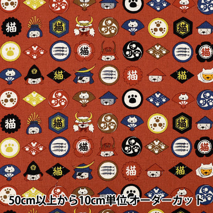 [Quantity from 5] Fabric "Cotton linen canvas family crest cat red KTS7139-B" COTTON KOBAYASHI