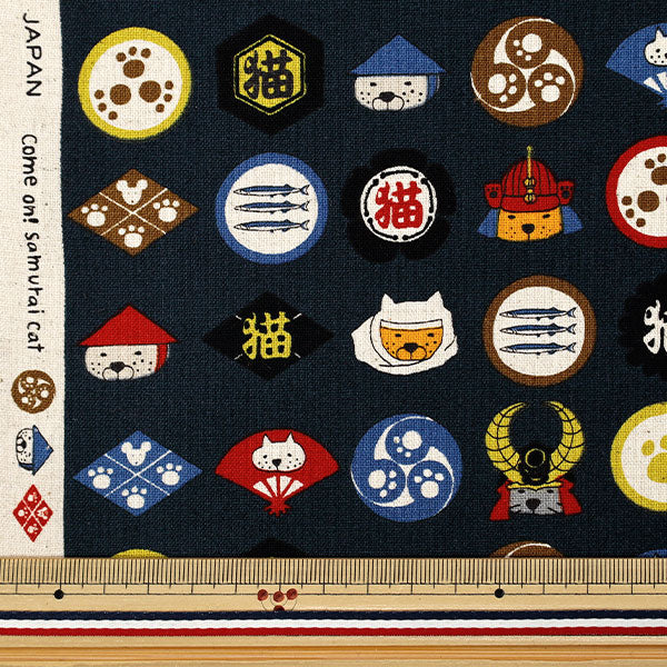[Quantity from 5] Fabric "Cotton linen canvas family crest cat navy KTS7139-C" COTTON KOBAYASHI